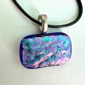 Artisan wavy swirl necklace Blue Purple Dichroic Art Glass